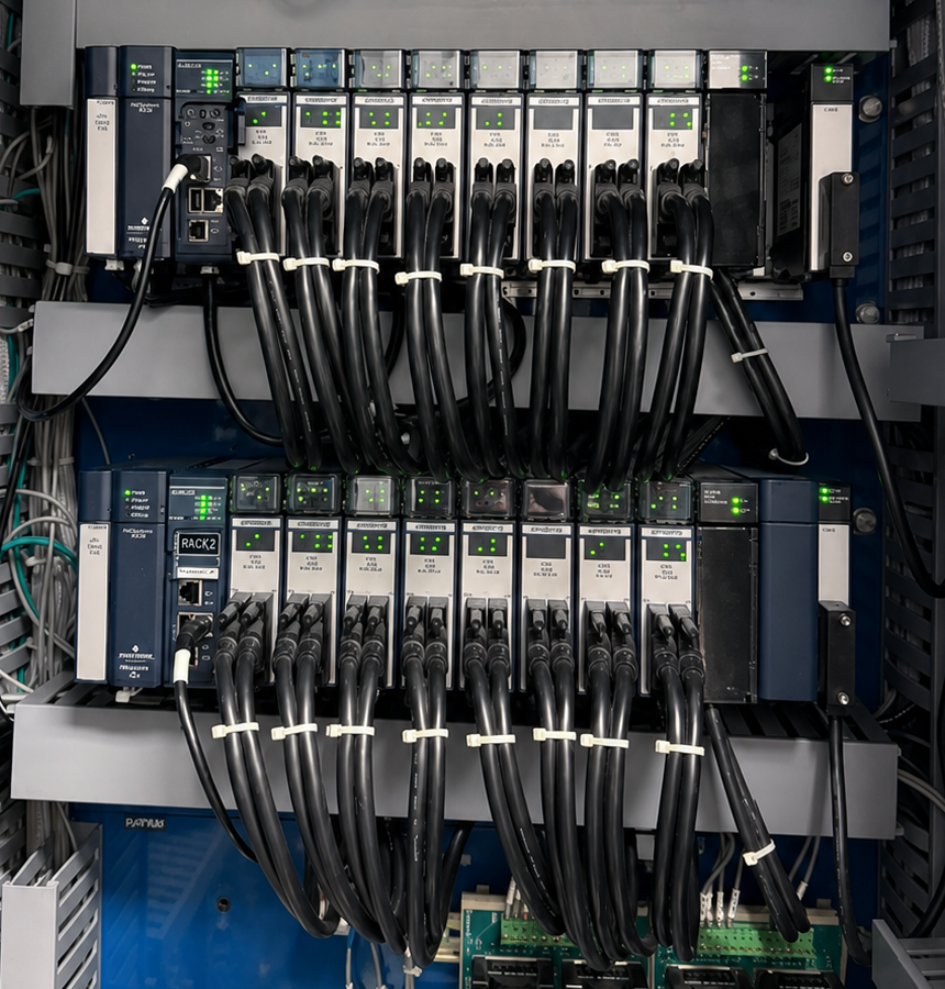 Two representative Emerson PACSystems RX3i PLC racks after modernization
