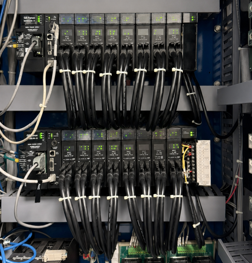 Two representative GE Fanuc Series 90-30 PLC racks before modernization